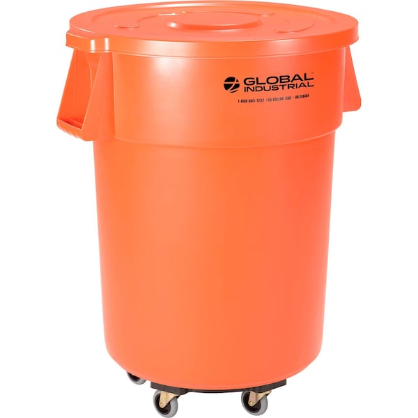 Global Industrial Plastic Trash Can with Lid & Dolly, 55 Gallon Bright Orange 240464BORB - main